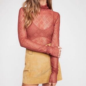 Free People “Tribeca” Lace Mock Neck Top – Rust – Size S – NWT